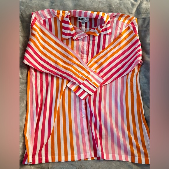 NWOT Plus Size Striped Pink and Orange Long Sleeve Swim Coverup - Picture 1 of 2